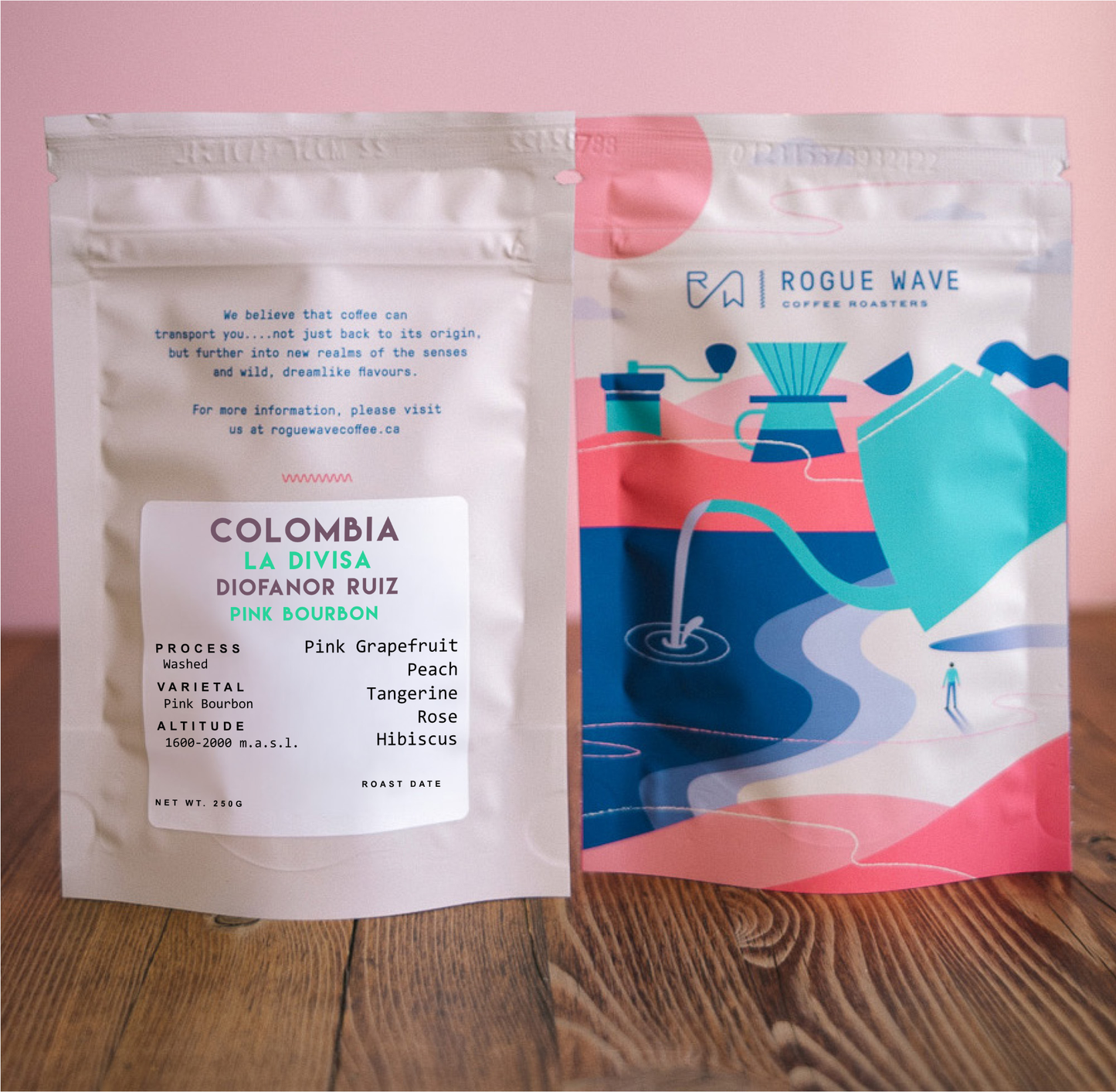 A 40g sample bag of La Colombia La Divisa Pink Bourbon Washed
