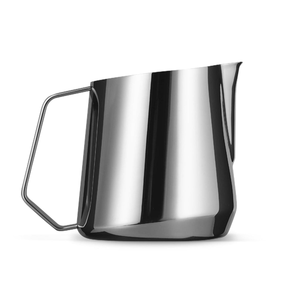 A 400ml stainless steel latte pitcher with a glossy finish and a unique angled handle.