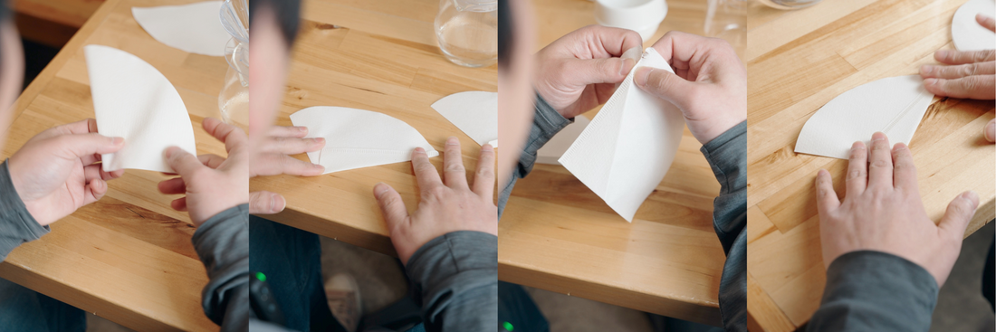 A collage of images showing Ply fold regular cone filter paper to fit the UFO Dripper