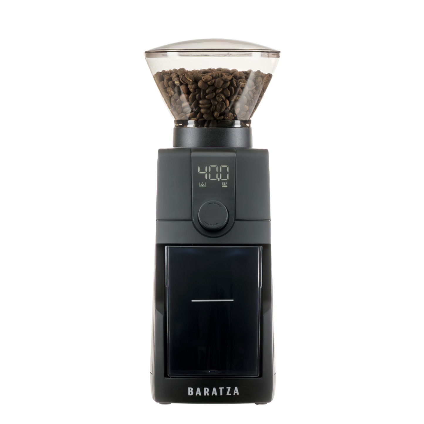 Black Baratza ESP Pro coffee grinder with a clear container showing coffee