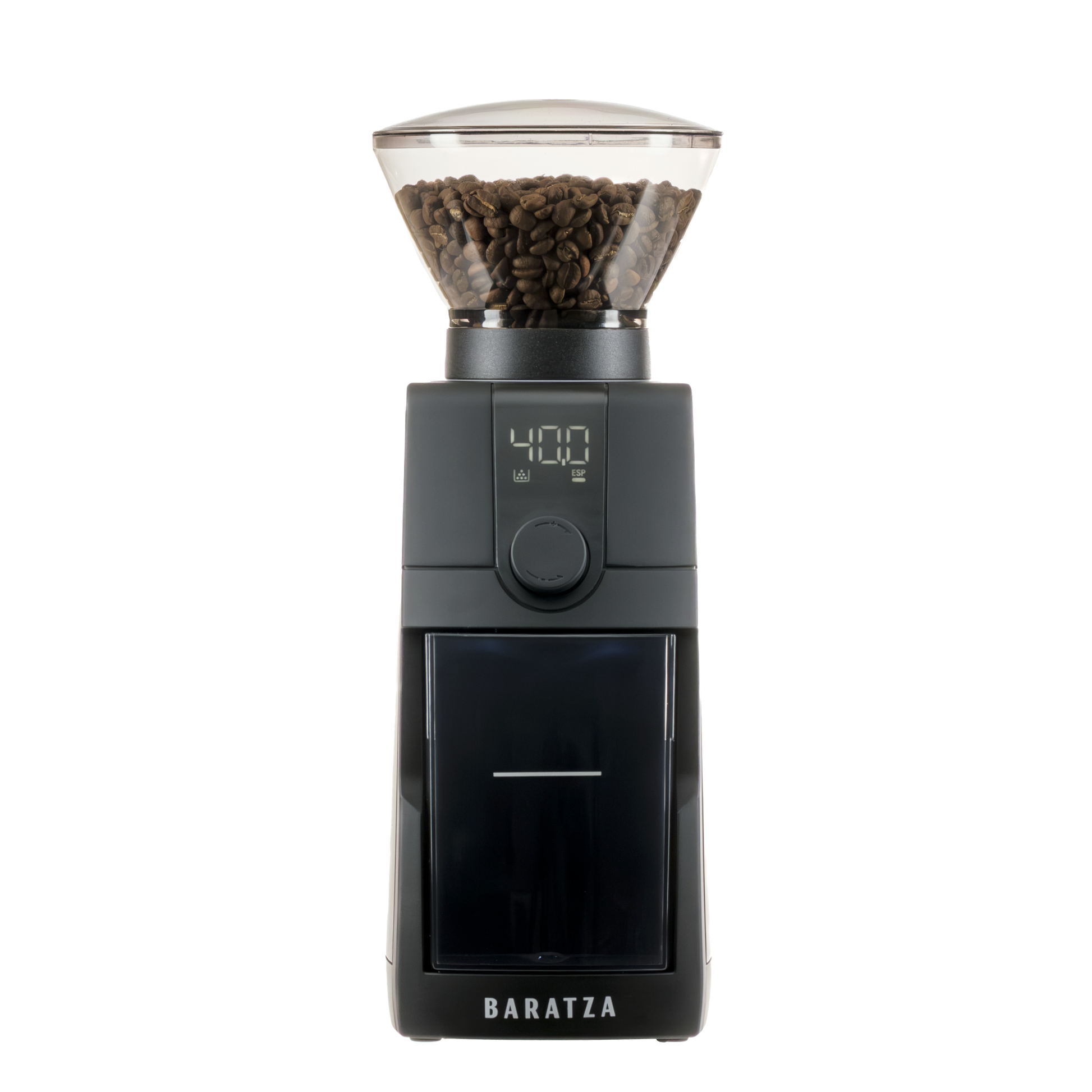 Black Baratza ESP Pro coffee grinder with a clear container showing coffee