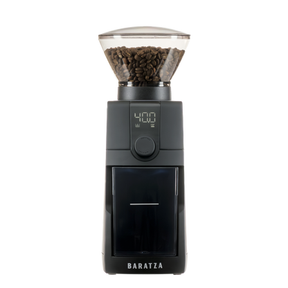 Black Baratza ESP Pro coffee grinder with a clear container showing coffee