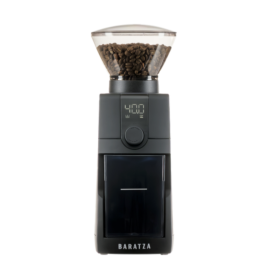 Black Baratza ESP Pro coffee grinder with a clear container showing coffee